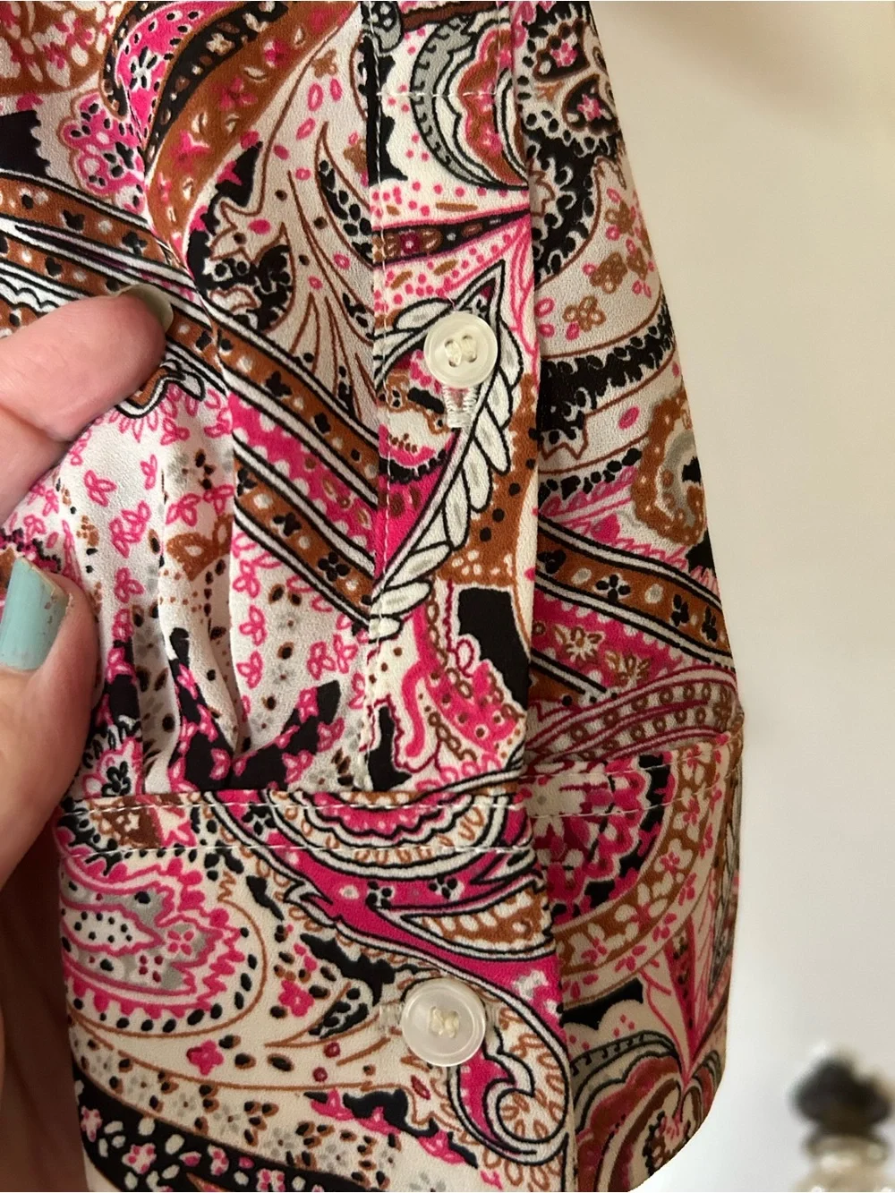 Talbots XL Pink Brown Paisley Long-Sleeve Button Blouse Collar chest pockets - Picture 5 of 6